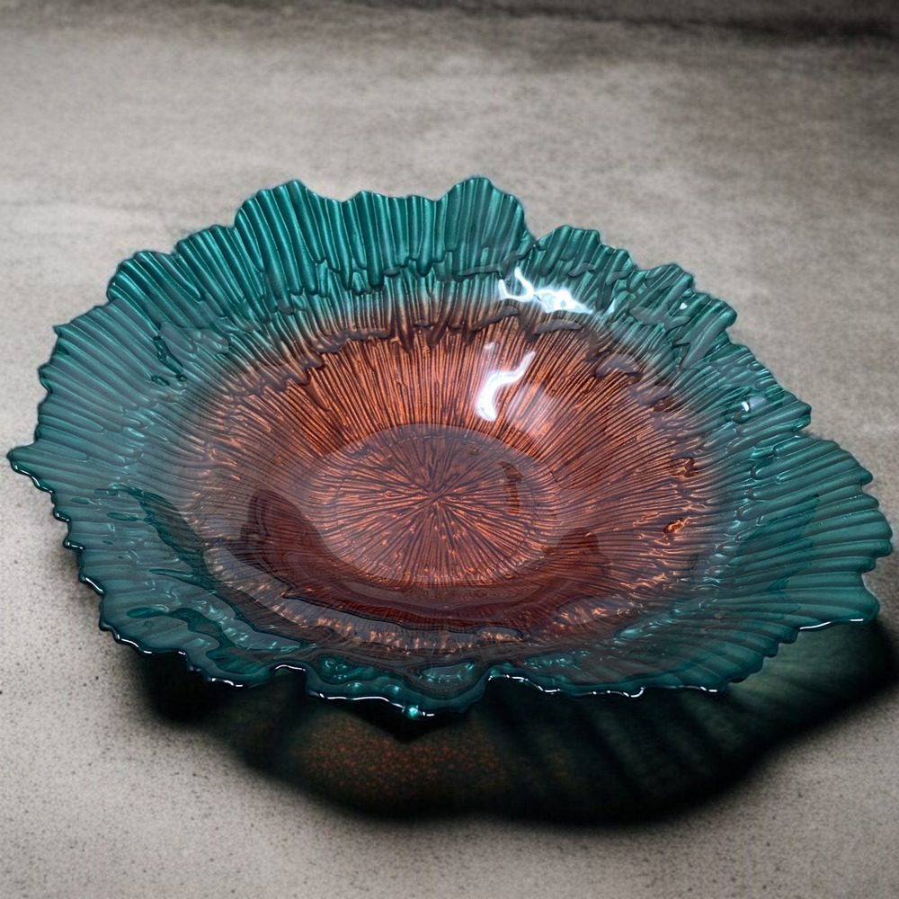 Vintage Y2K Studio Art Glass Bowl Copper Foil Teal Ruffled Rim 13” Avant Garde